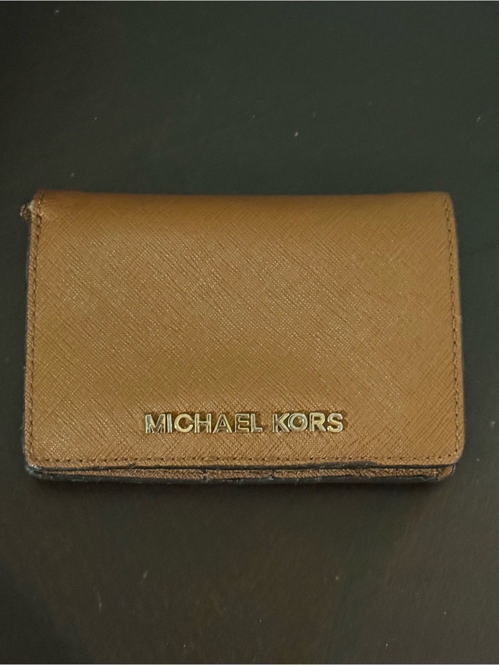 Michael Kors Brown Saffiano Leather Card Case with Gold Logo